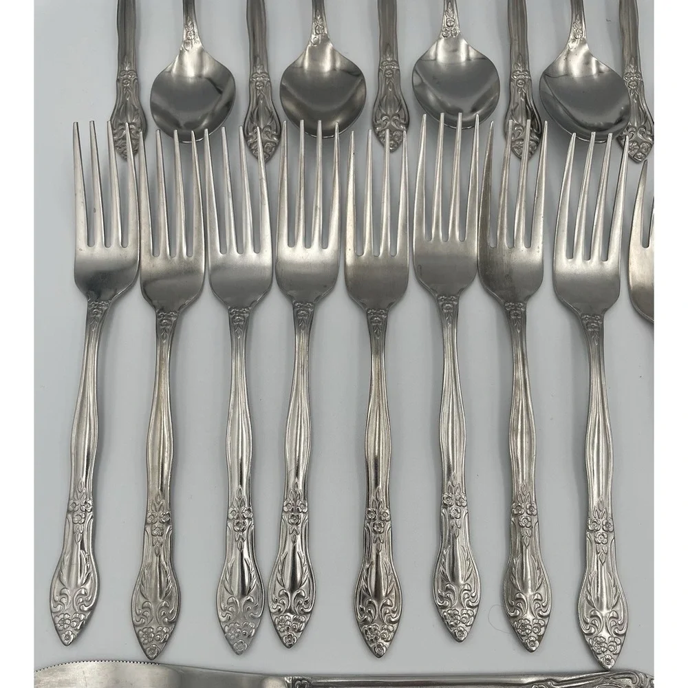 Vtg. 41 Piece Rogers Co. Japan Stainless Flatware Rose Pattern Knife Fork Spoon